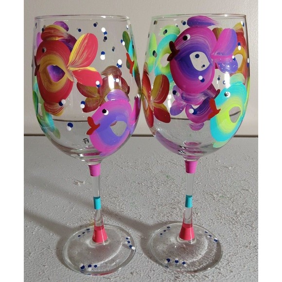 2 Hand Painted Fish Wine Glasses